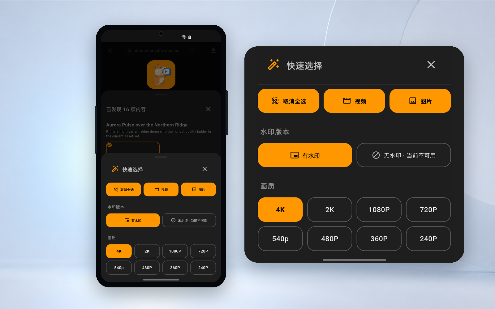 Hams 画质选择界面示意